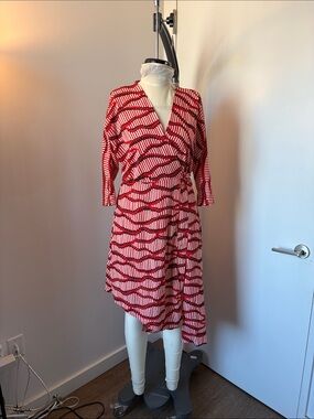 Topshop Red and White Patterned Wrap Midi Dress